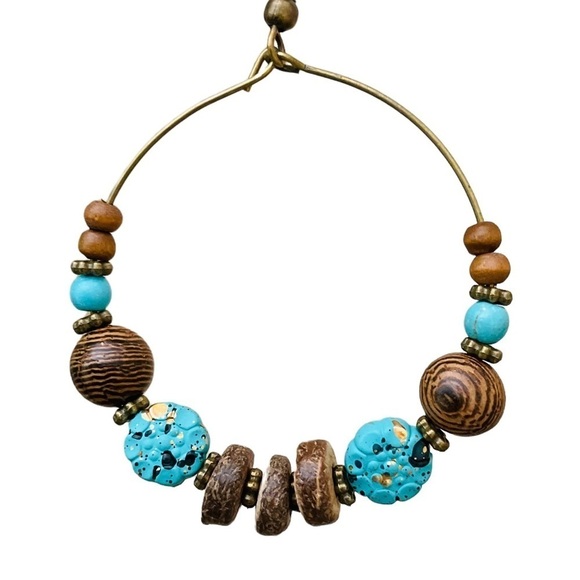 Bohemian Ethnic Brown & Turquoise Wooden Round Hoop Earrings - Picture 4 of 5